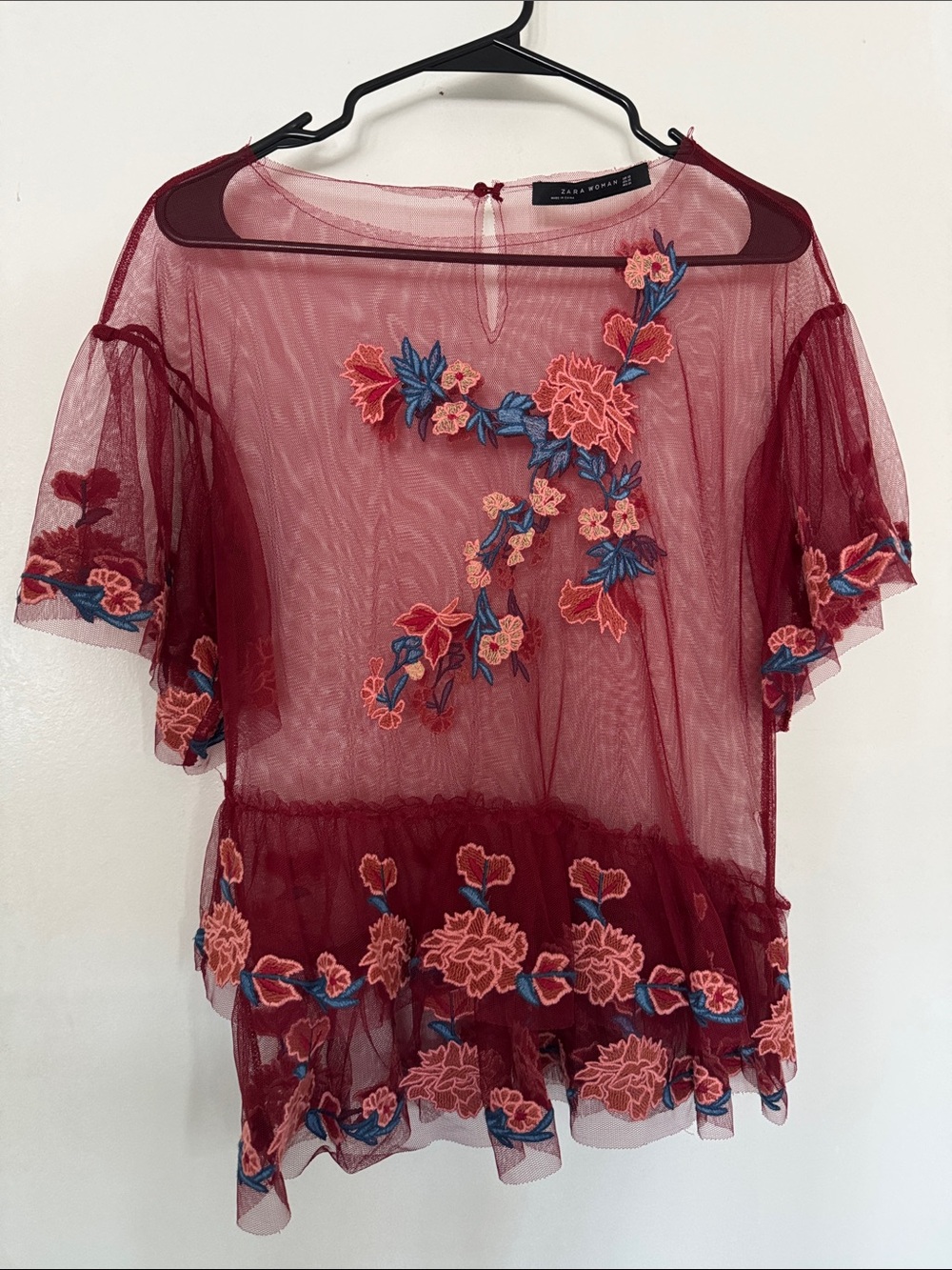 Zara Burgundy Sheer Mesh Top with Pink & Blue Floral Embroidery